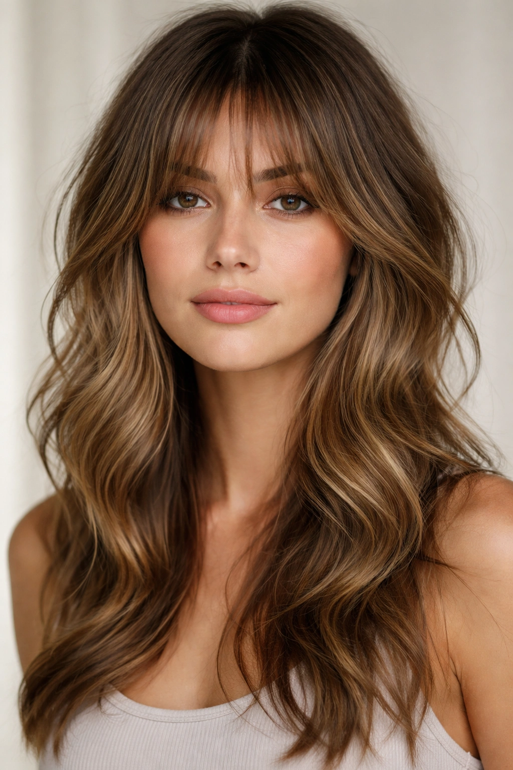 Portrait of textured curtain bangs with soft, layered pieces framing the face in a cohesive style.