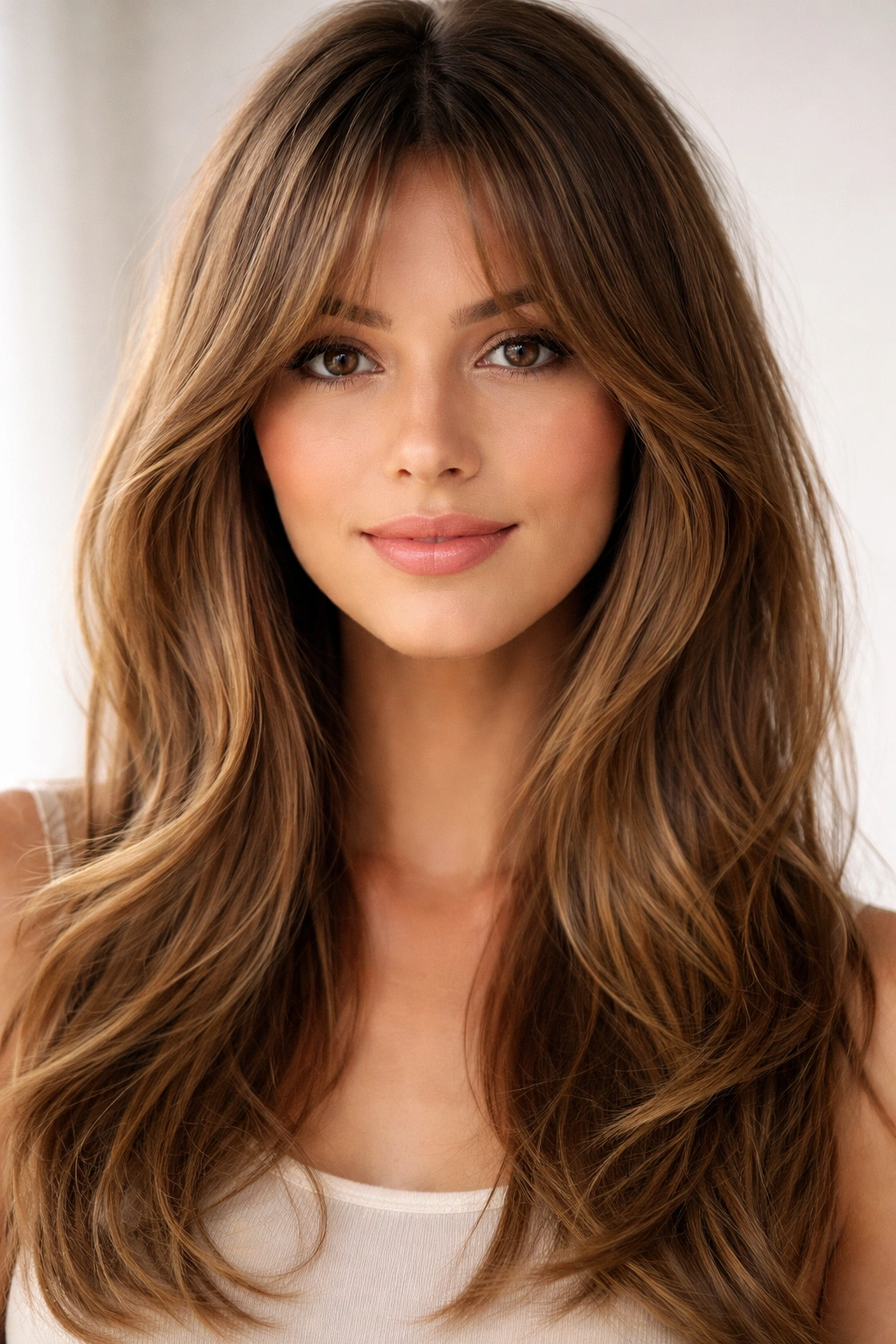 Portrait of a person with curtain bangs framing the face