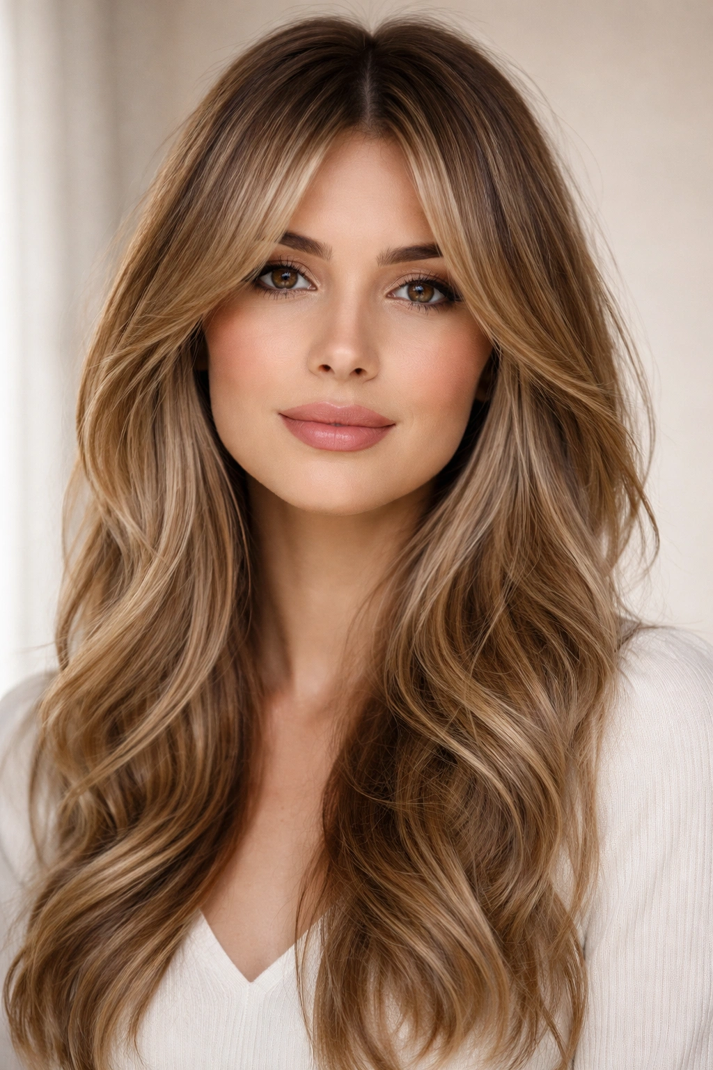 Hair arrangement with curtain bangs and voluminous layers