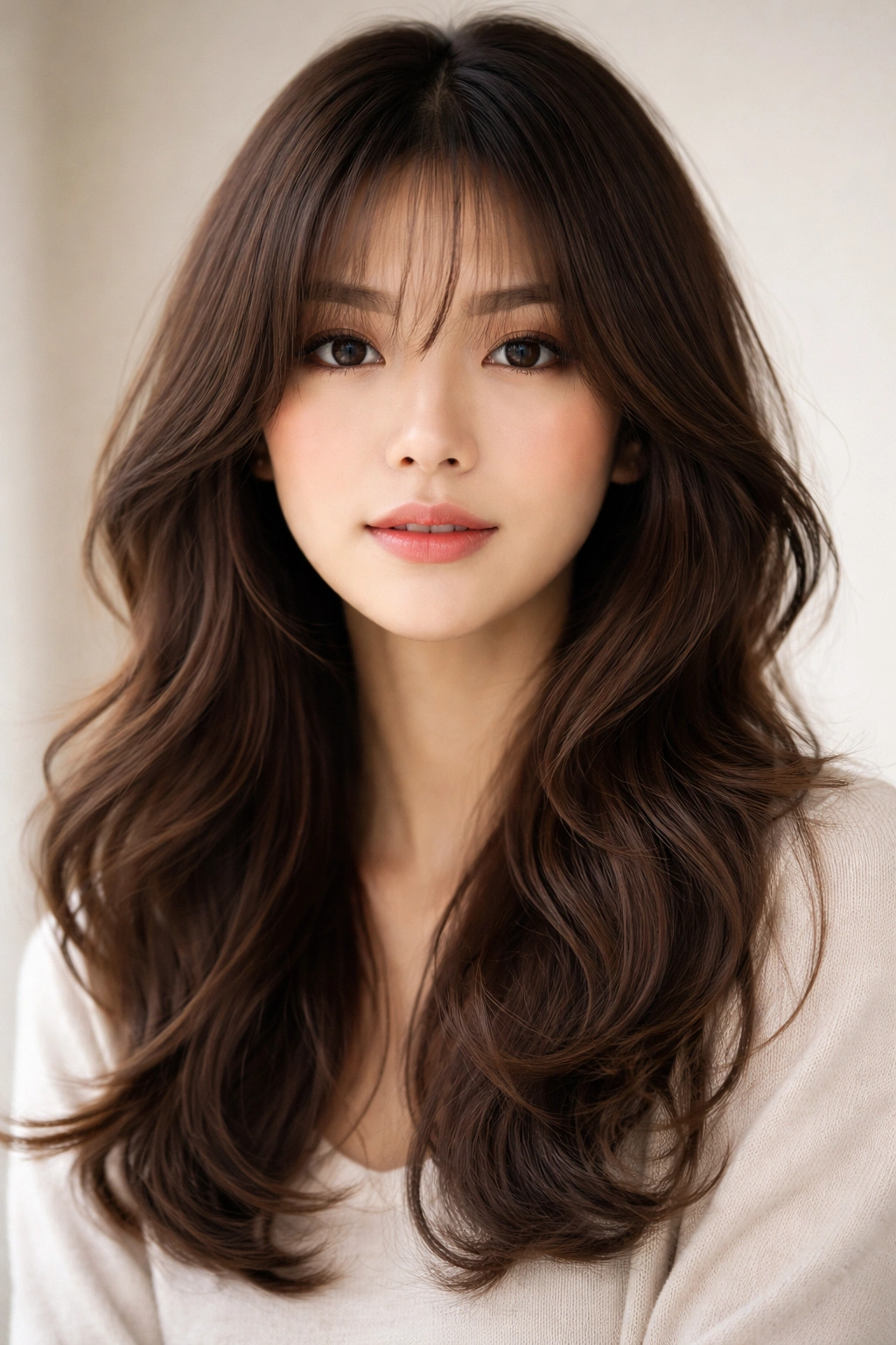Close-up of textured curtain bangs framing the face with soft waves and volume