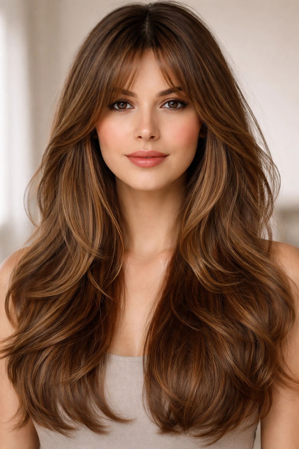 Long curtain bangs with voluminous layers framing the face