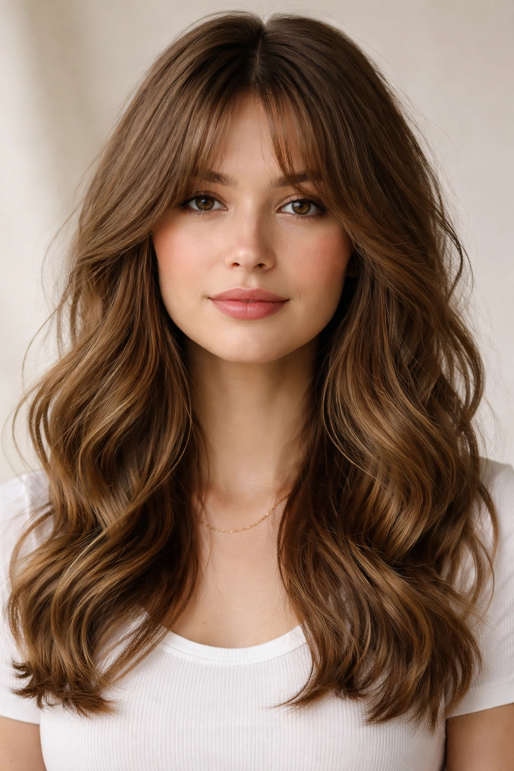 Head and shoulders with curtain bangs and loose waves