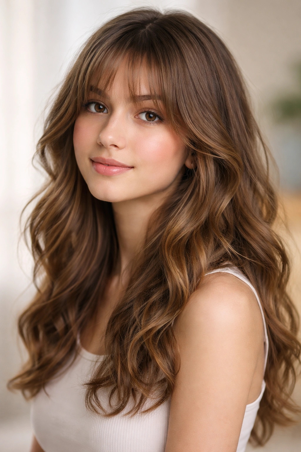Teen girl with curtain bangs and natural waves framing the face