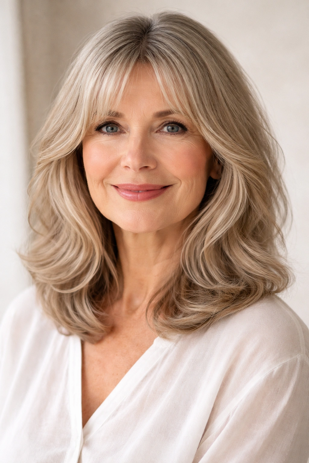 Portrait of a mature woman with curtain bangs and shoulder-length waves.