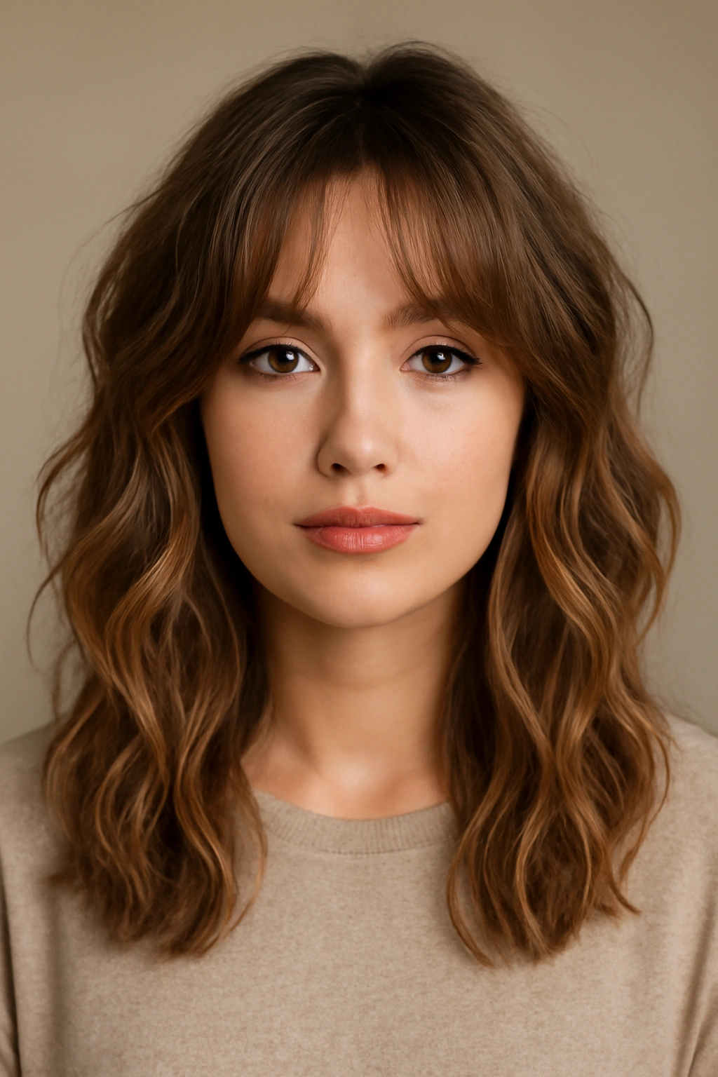 Portrait with curtain bangs and beachy waves