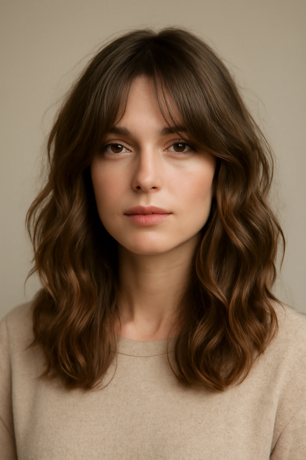 Curtain bangs with wavy length hairstyle on model