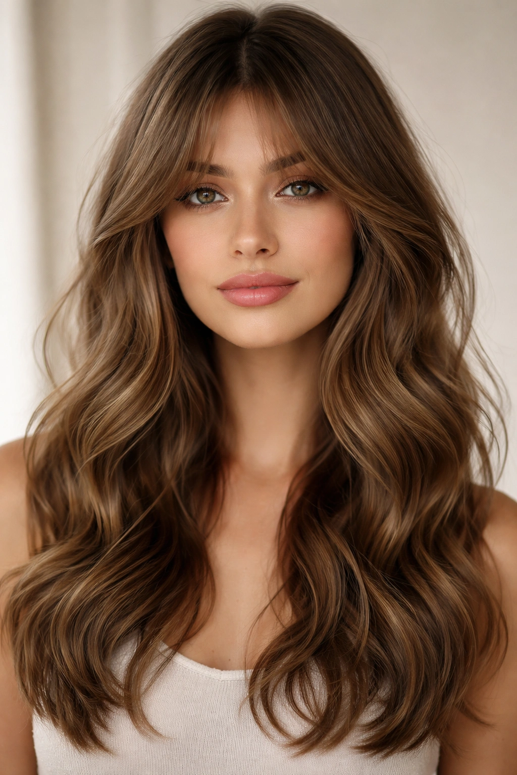 Curtain bangs with waves hairstyle featuring middle-part bangs and flowing waves