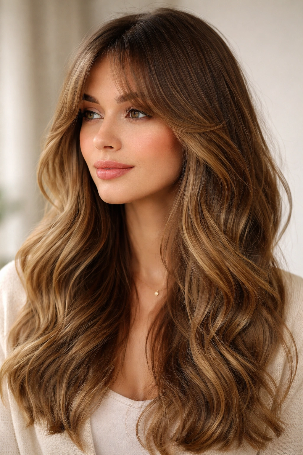 20 Wavy Haircuts Women Keep Requesting In Salons 2 Person with long curtain bangs blending into soft waves