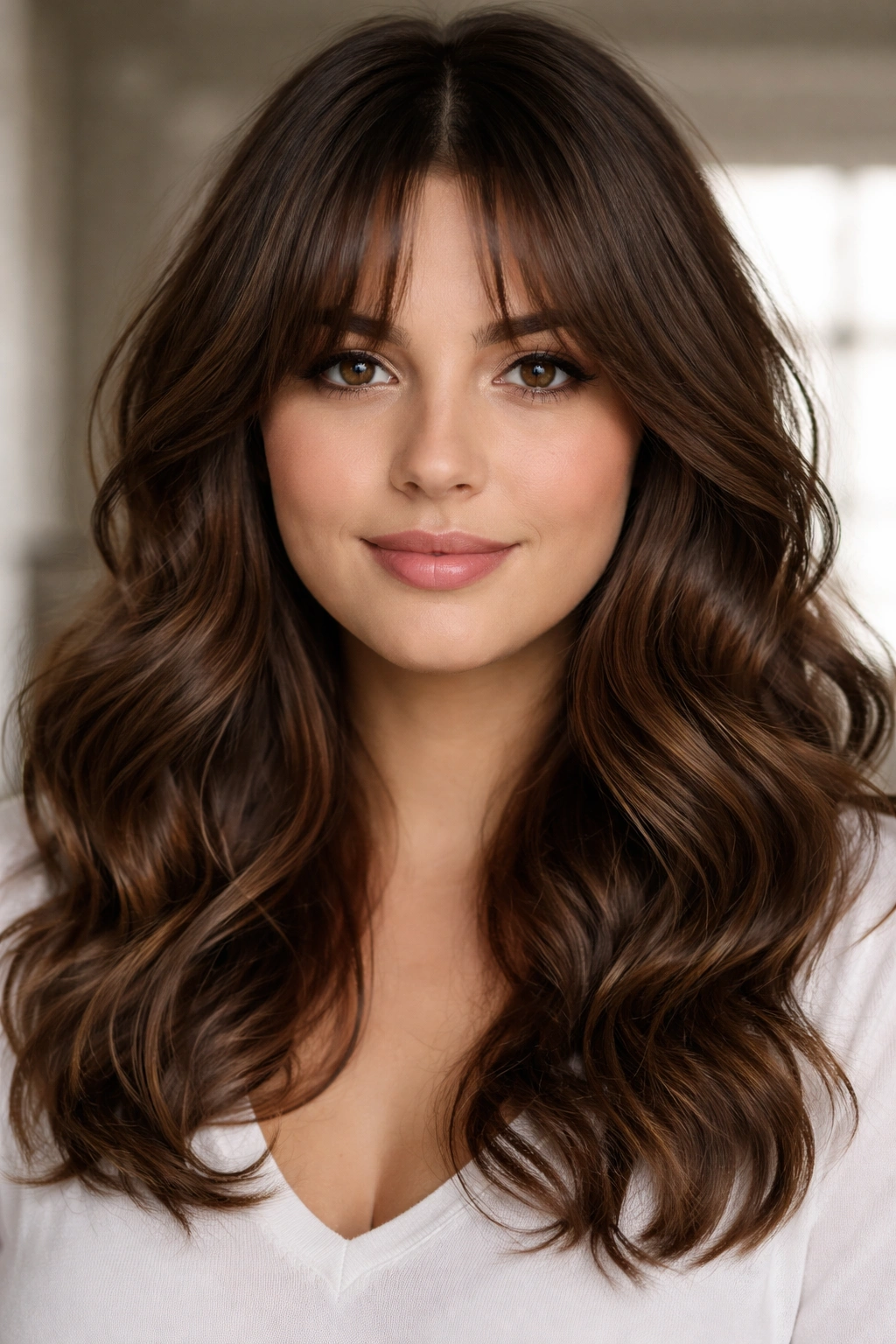 20 Wavy Haircuts For Every Length And Face Shape 4 Curtain bangs with waves framing a round-faced model
