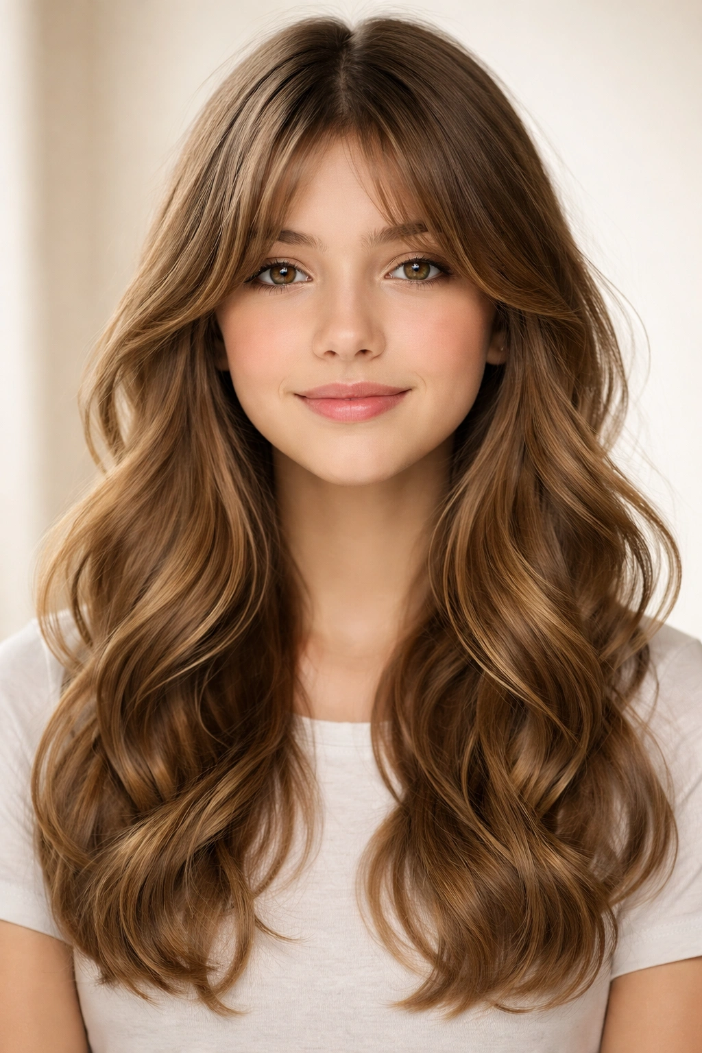 Close-up of a teen with center-part curtain bangs and loose waves