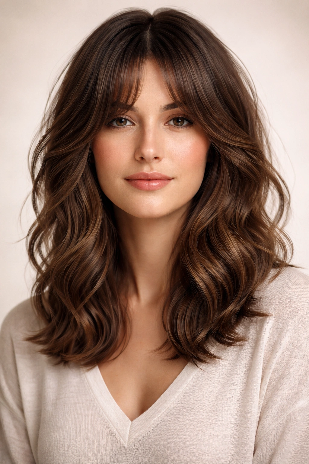 Portrait of curtain bangs with shoulder-length wavy hair