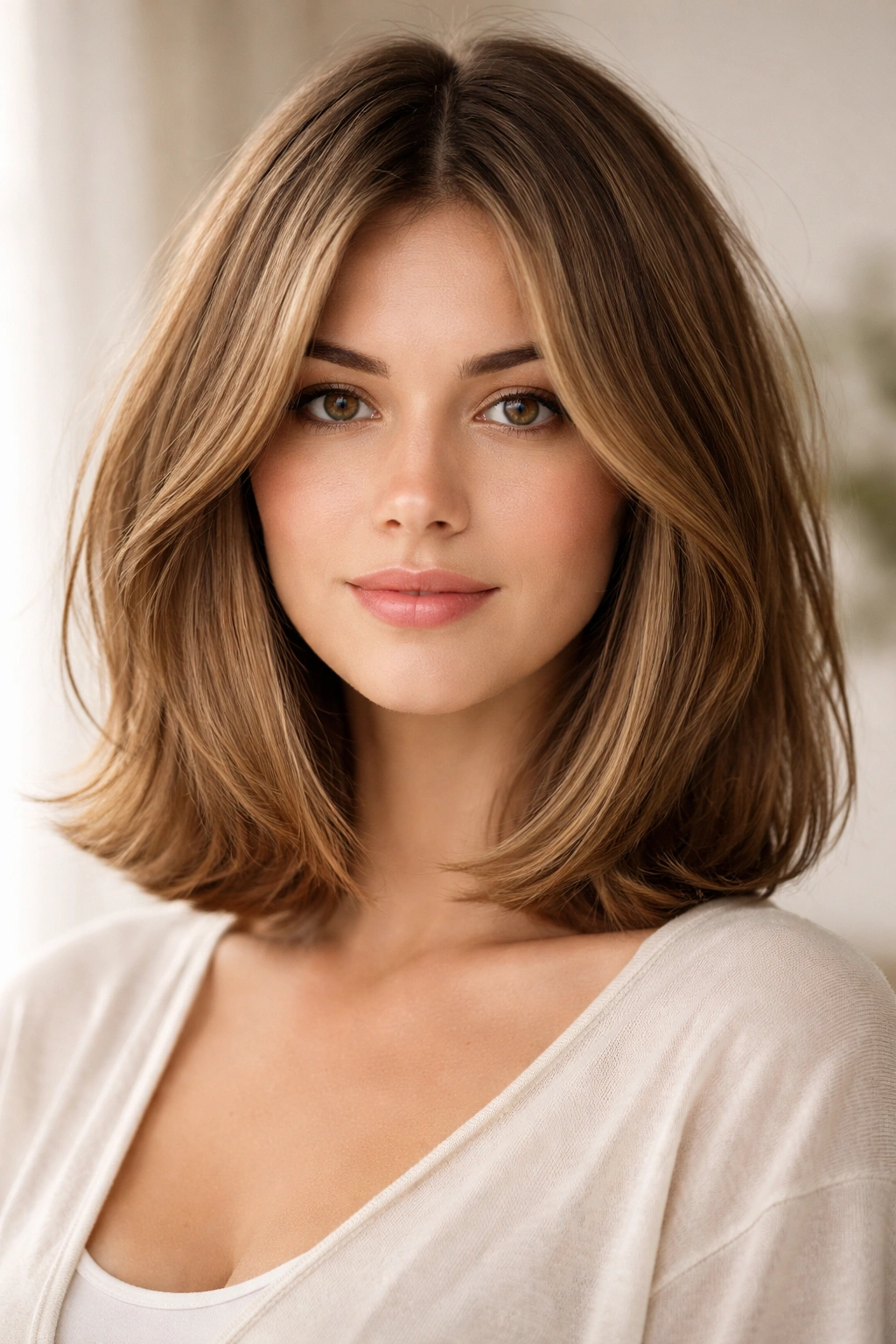 Curtain bob with a center part and face-framing length