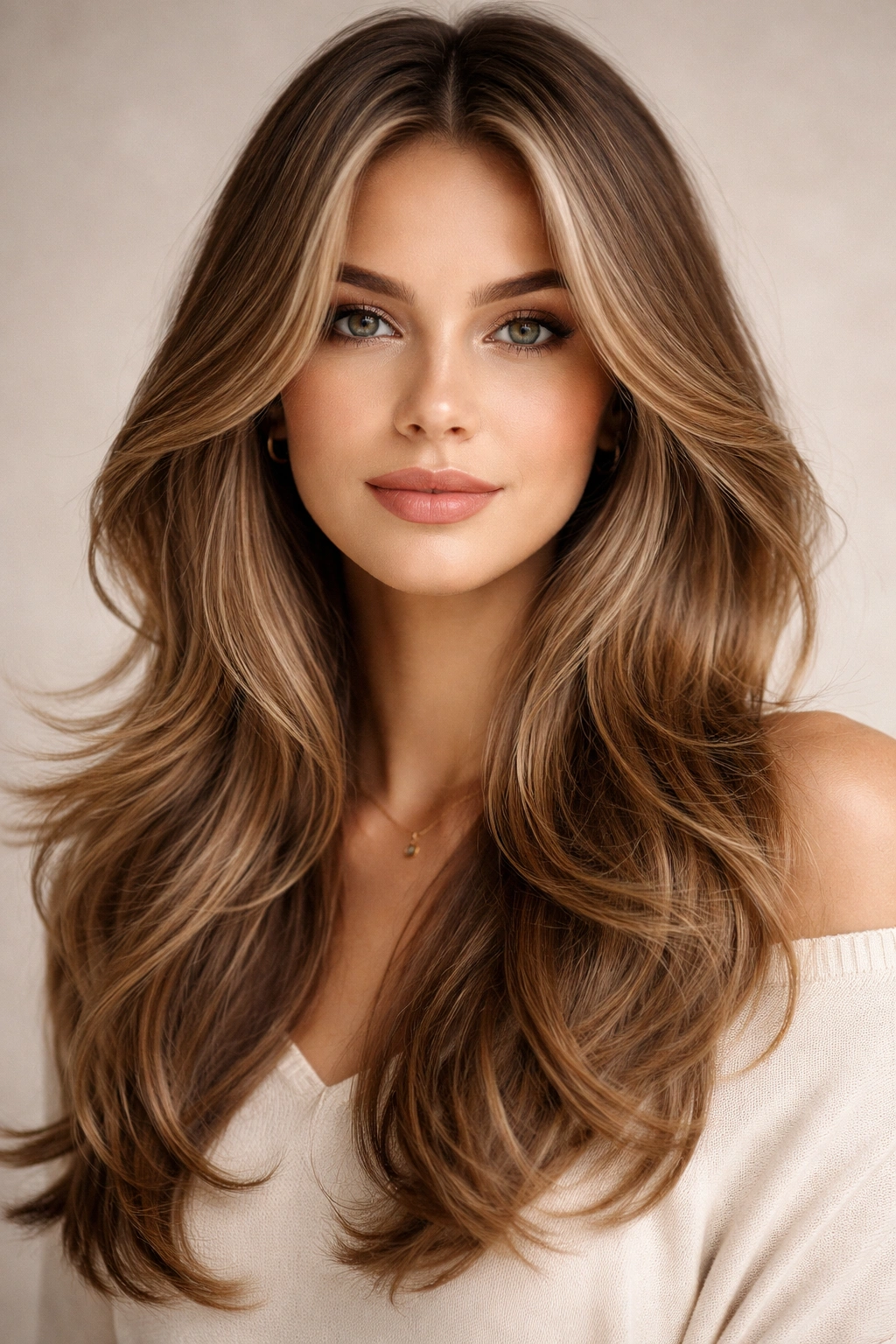Curtain butterfly hairstyle with center part and soft face-framing layers