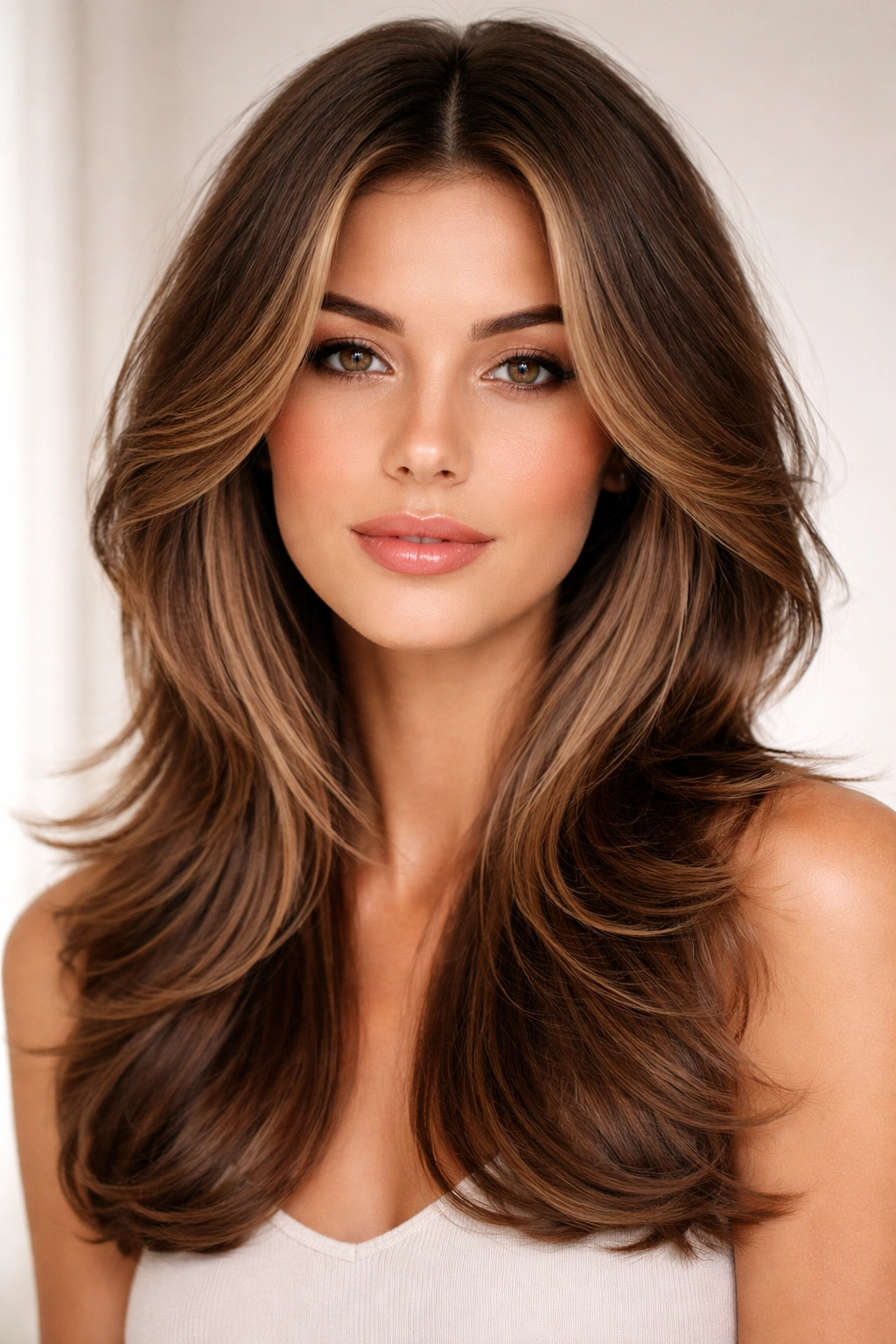 Curtain butterfly hairstyle with a deep center part and face-framing pieces opening like curtains.