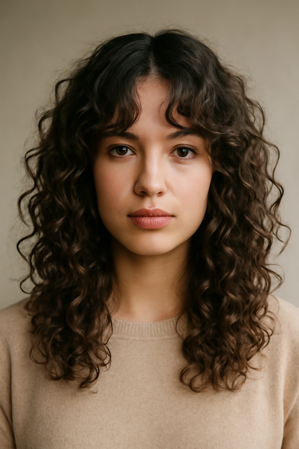 Close-up of curtain curls with middle-parted bangs and layered back.