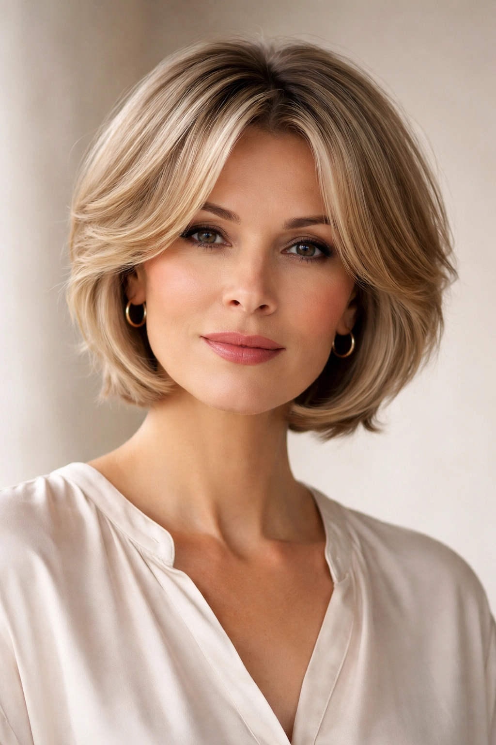 15 Short Haircuts For Women In Their 40s And 50s 6 Elegant curtain cut with center-length pieces framing the face