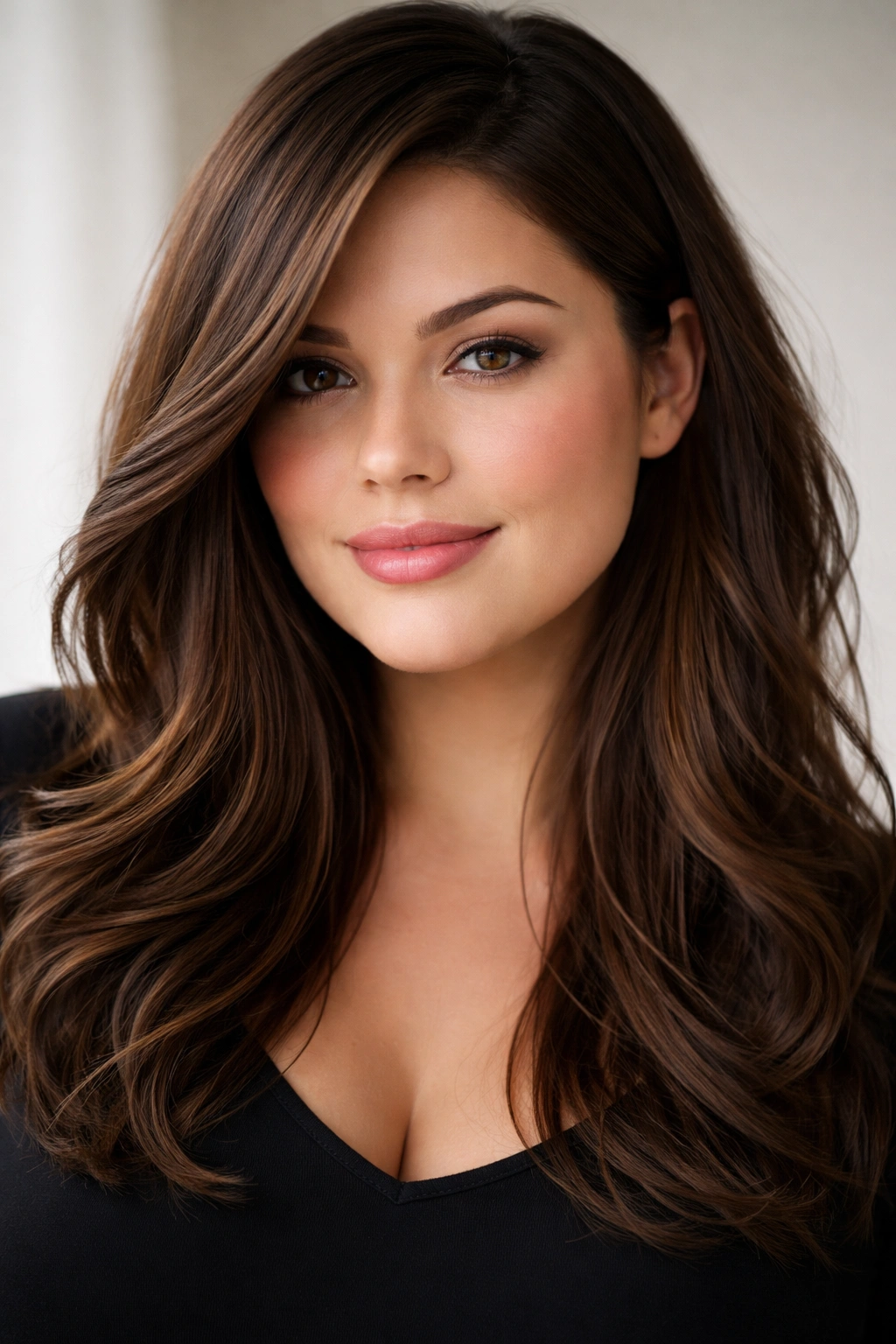 15 Slimming Haircuts That Flatter Fuller Faces 2 Portrait of a side-parted curtain cut with long face-framing pieces