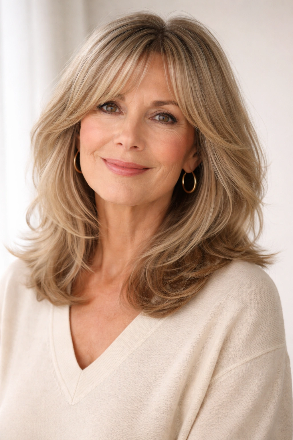 Mature woman with curtain fringe and soft layered hair