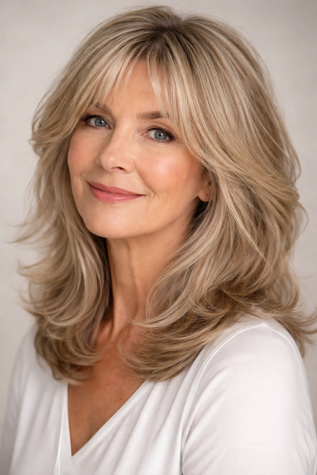 Curtain fringe with wispy layers creating volume and face framing