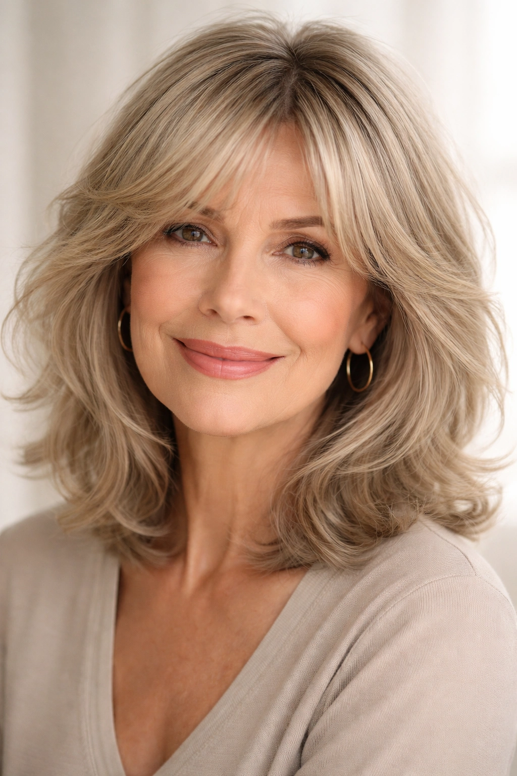 Portrait of curtain fringe with wispy layers framing the face