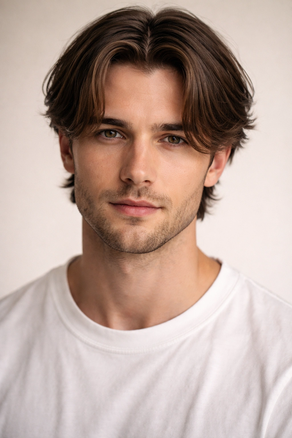 Front view of a curtain haircut with center part and hair falling to both sides