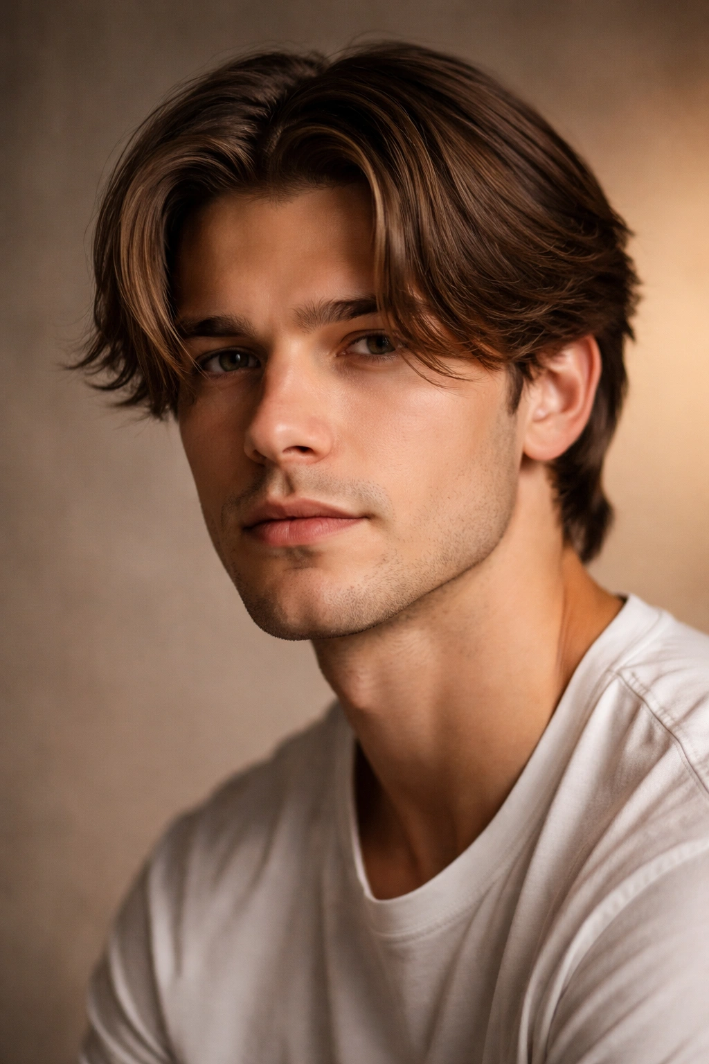 Close-up portrait of a man with a curtain haircut featuring a center part and face-framing layers