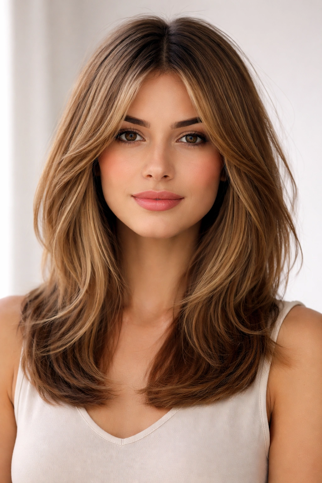 Straight curtain layers hairstyle with face-framing curtain-like layers