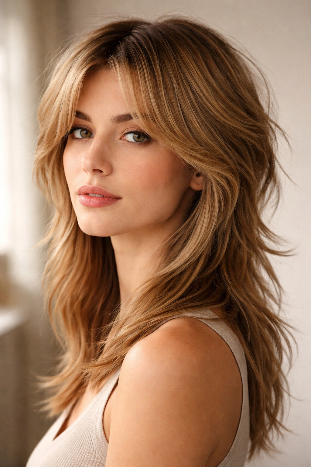 Woman wearing a curtain mullet with soft front curtains and longer back length.