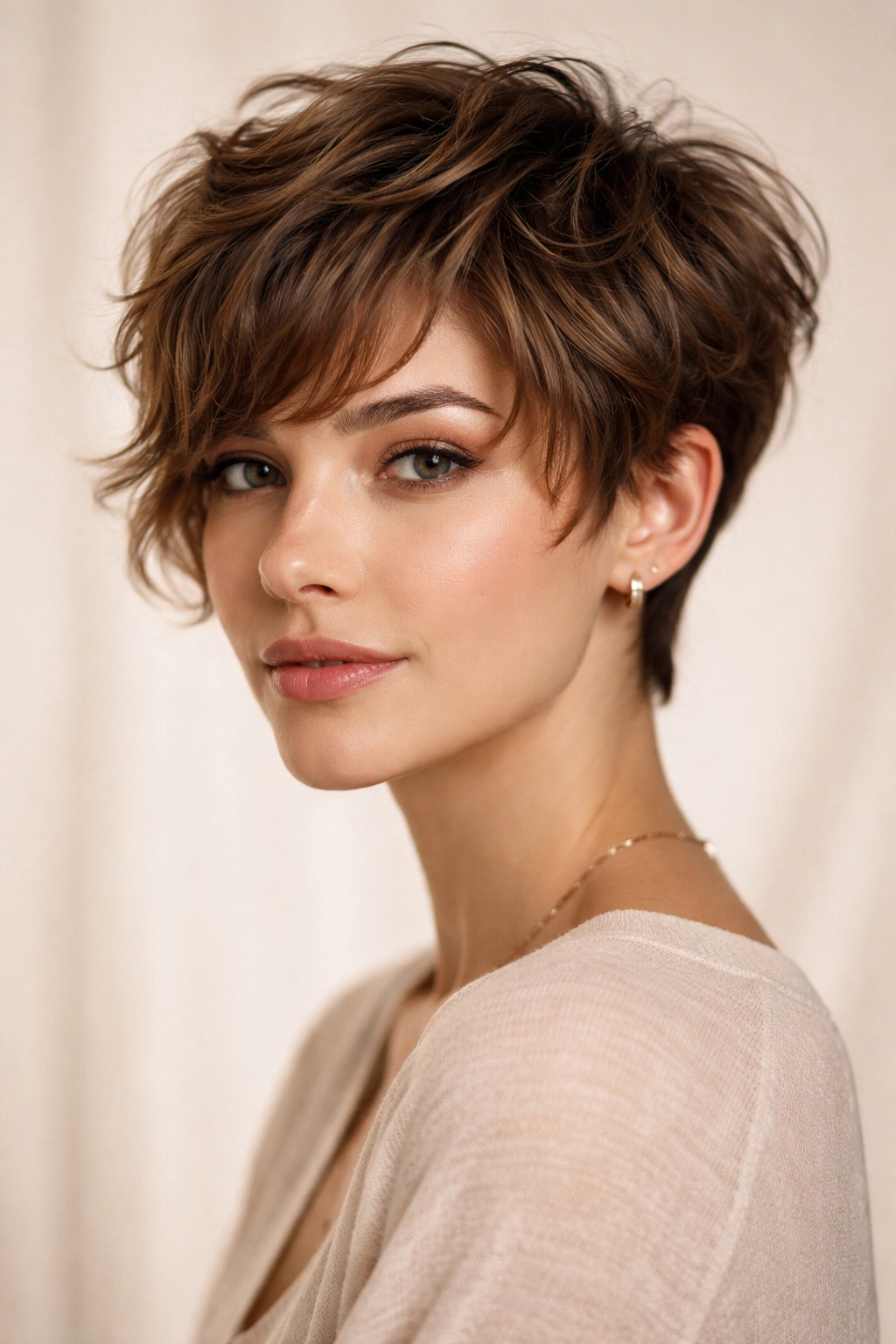 Soft curtain pixie with longer front pieces framing the face on wavy hair