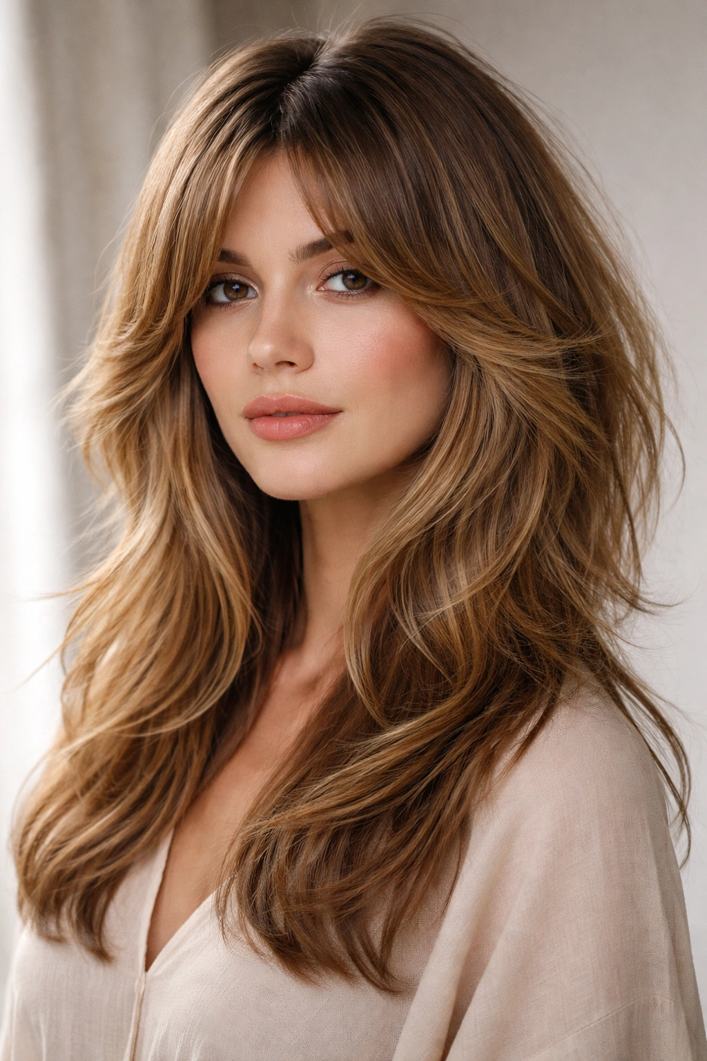 Portrait of a person with curtain shag butterfly haircut featuring center part and heavily feathered layers.