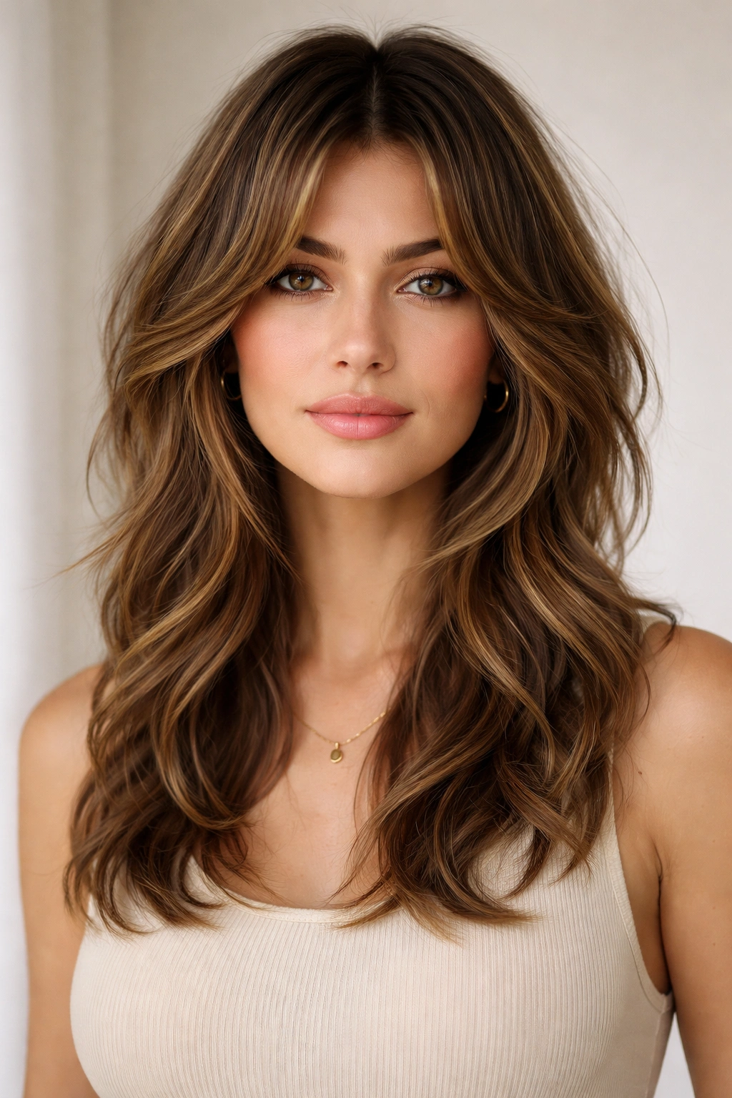 Portrait of a person with curtain fringed shag and middle part highlighting symmetrical face framing
