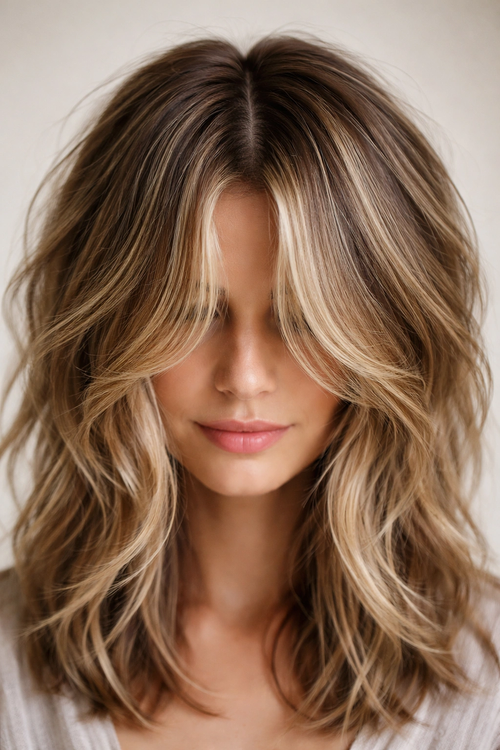 10 Messy Textured Haircuts With Effortless Volume 9 Hair with central part and choppy curtain layers creating crown volume
