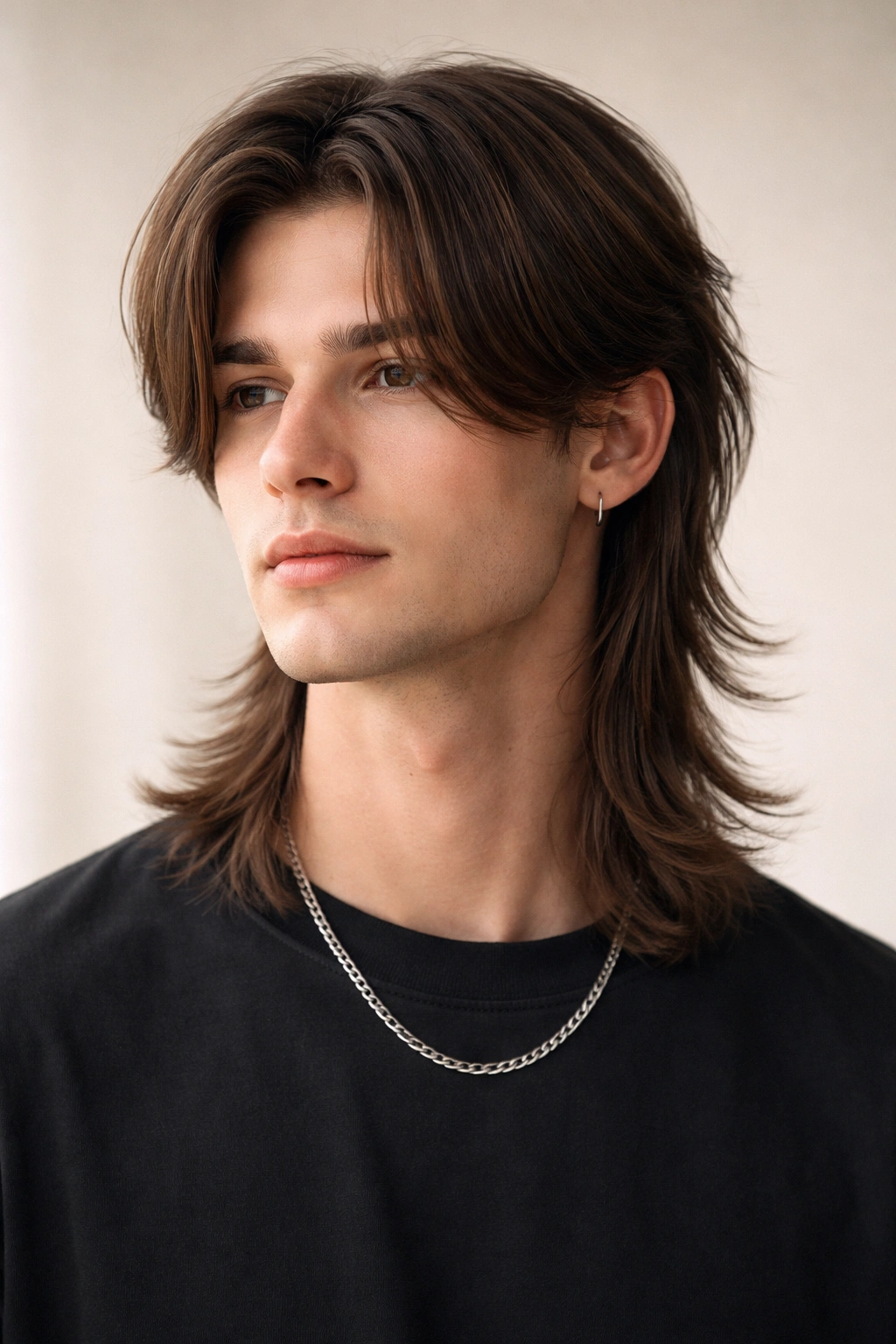 Portrait of curtains mullet mashup with center part and longer front pieces, back shorter