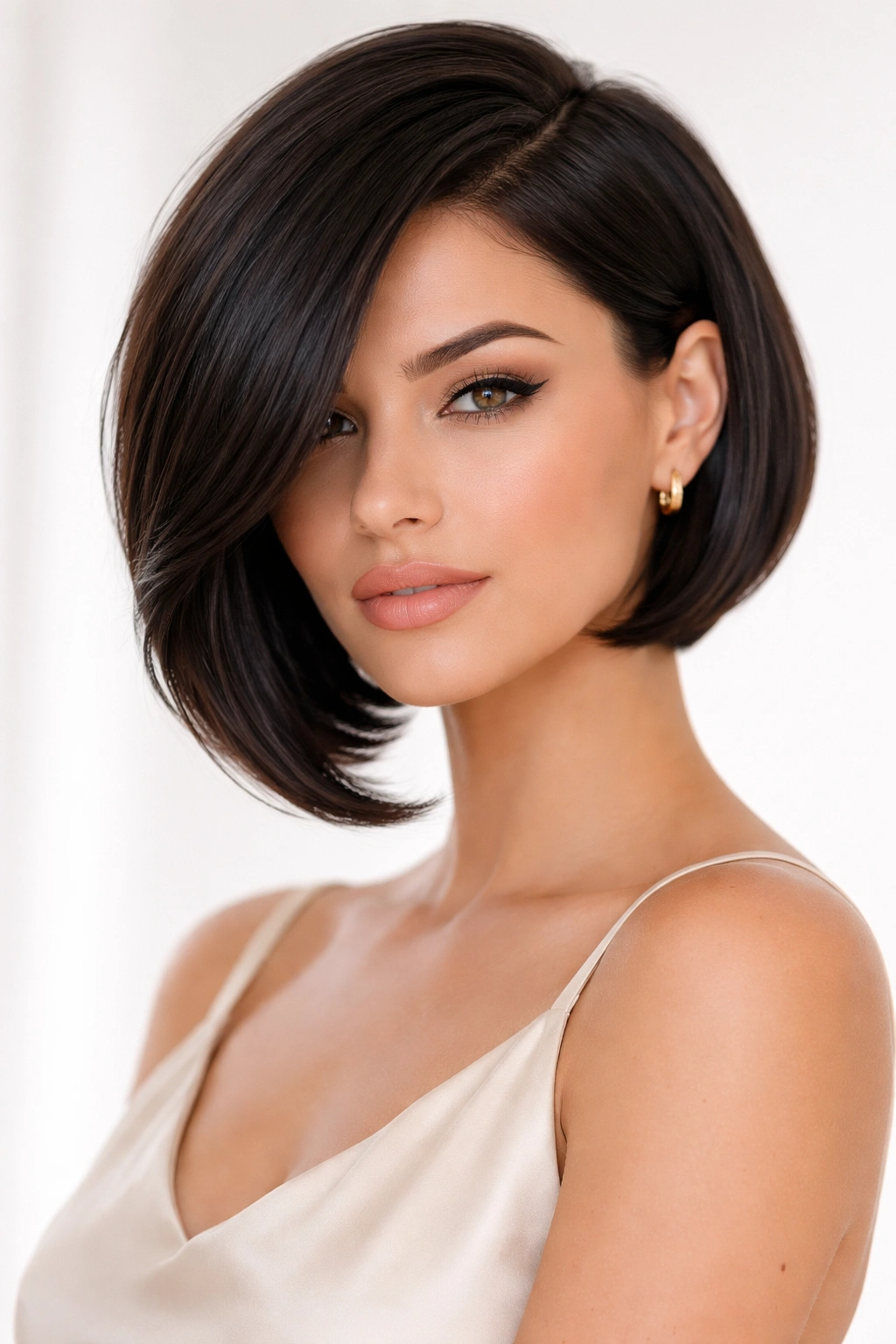 Portrait of a person with a curved asymmetrical bob showing smooth, rounded lines
