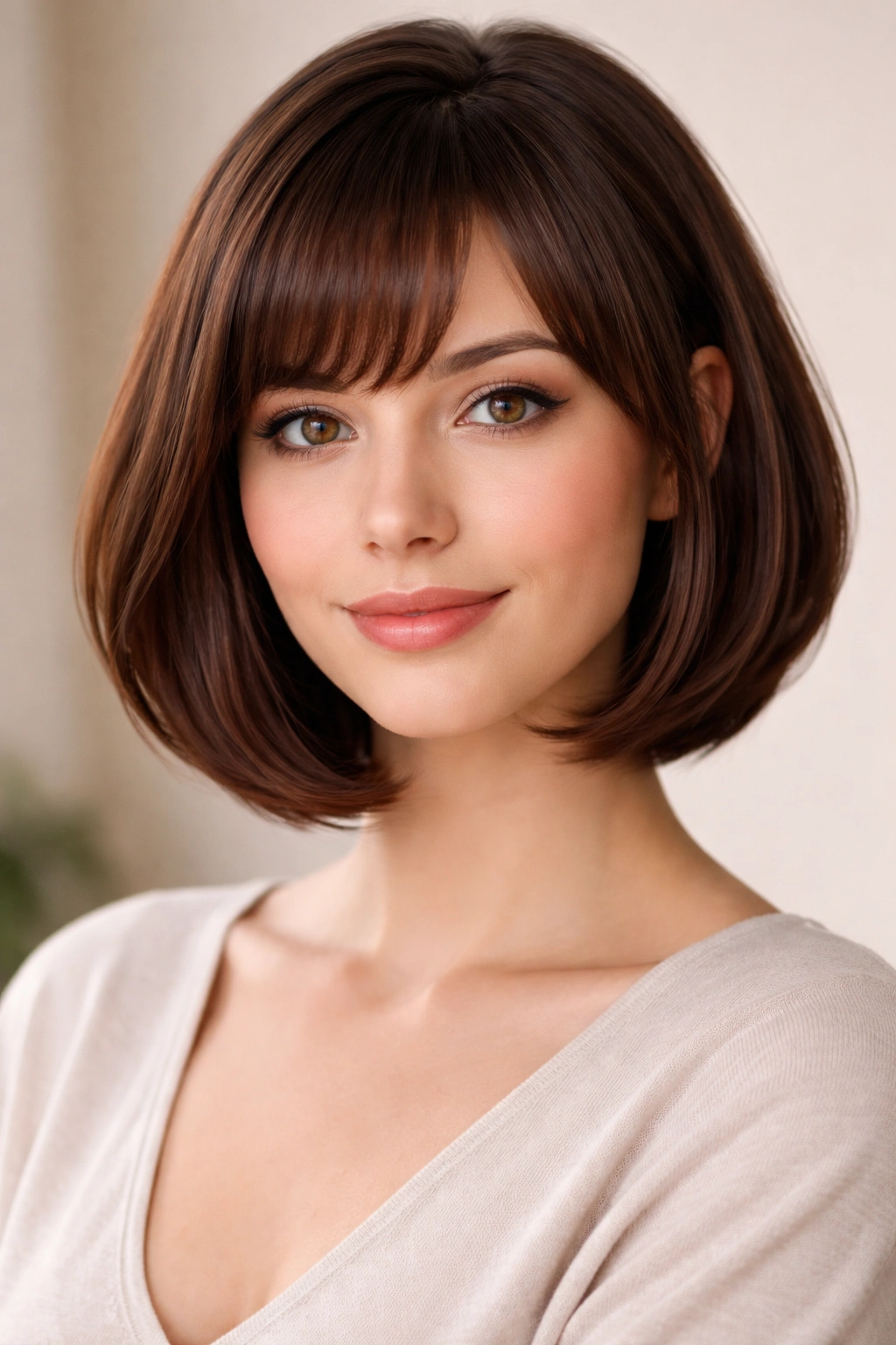 Curved bob with arched bangs on heart-shaped face