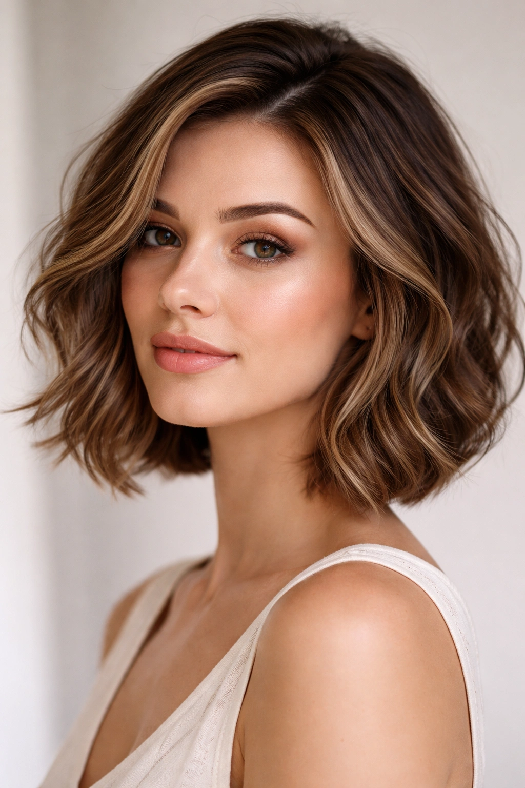 Curved bob with subtle layers for diamond-shaped face with wavy hair