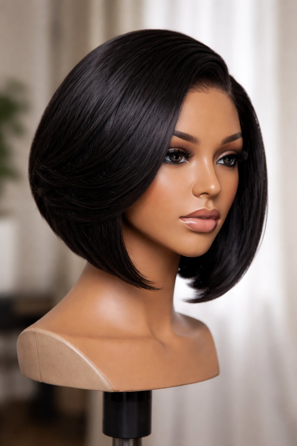 Curved bob sew-in with front length longer and back shorter on a mannequin head