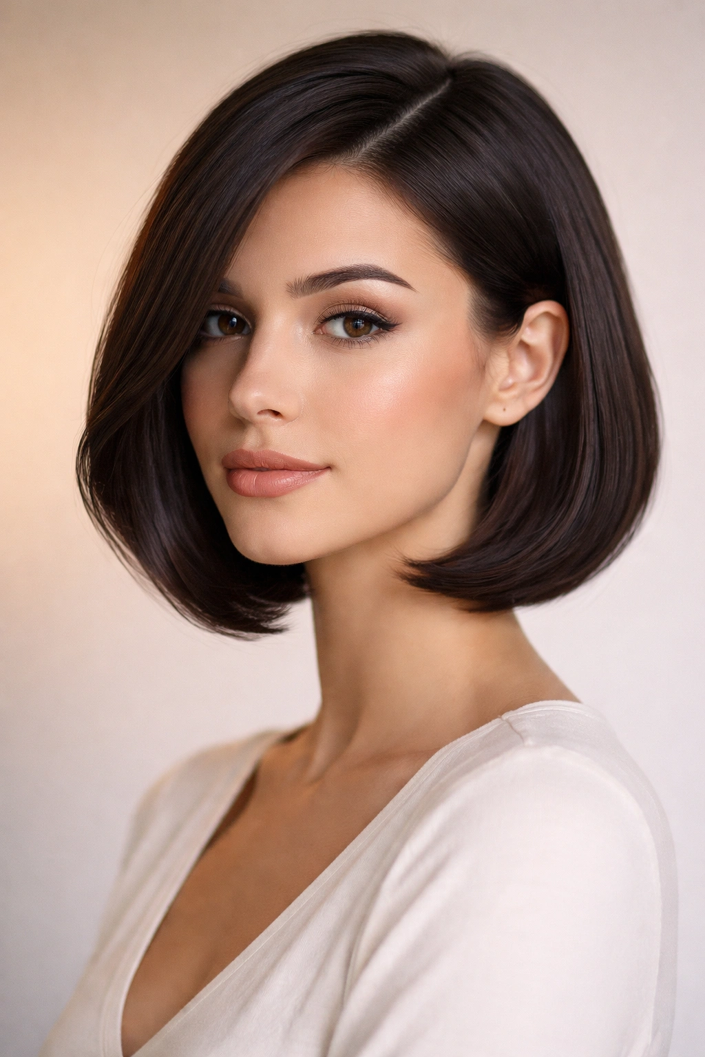 10 Sleek Bob Haircuts Made For Straight Hair 8 Portrait of a model with curved bob and deep side part framing the face