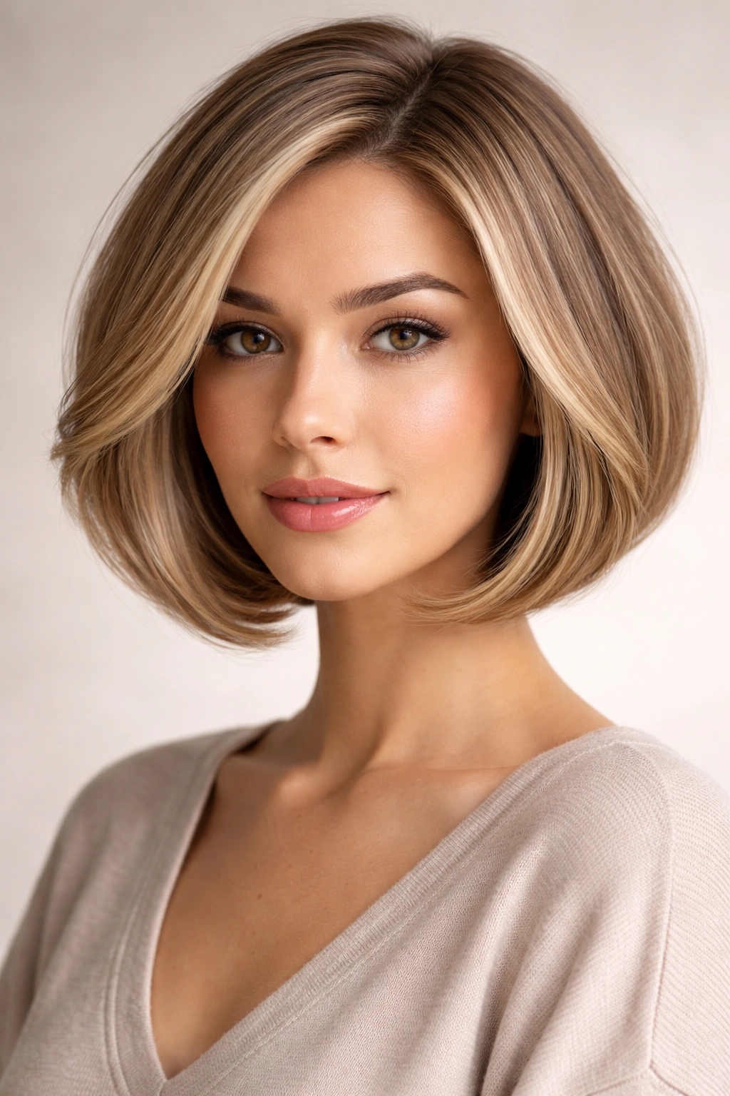 Front view of a curved bob with rounded silhouette; crown shorter, front longer
