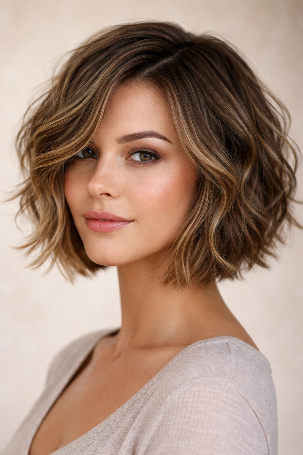 Close-up portrait of a person with curved choppy bob softening square features with waves