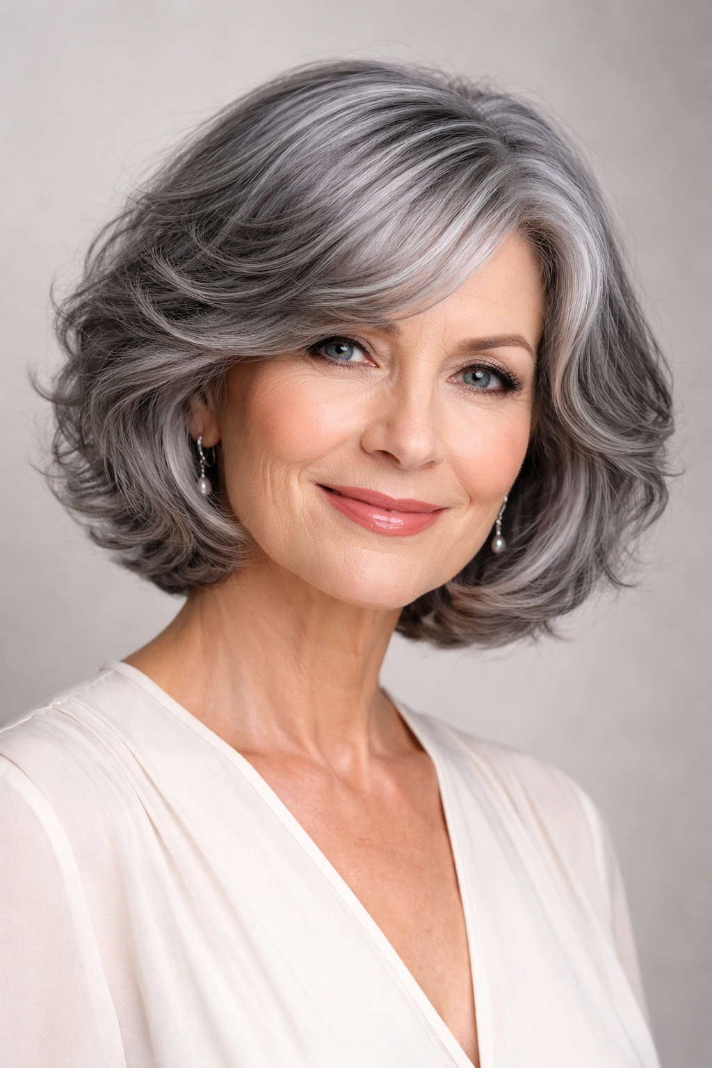 Close-up portrait of curved wavy bob in natural steel gray framing the face
