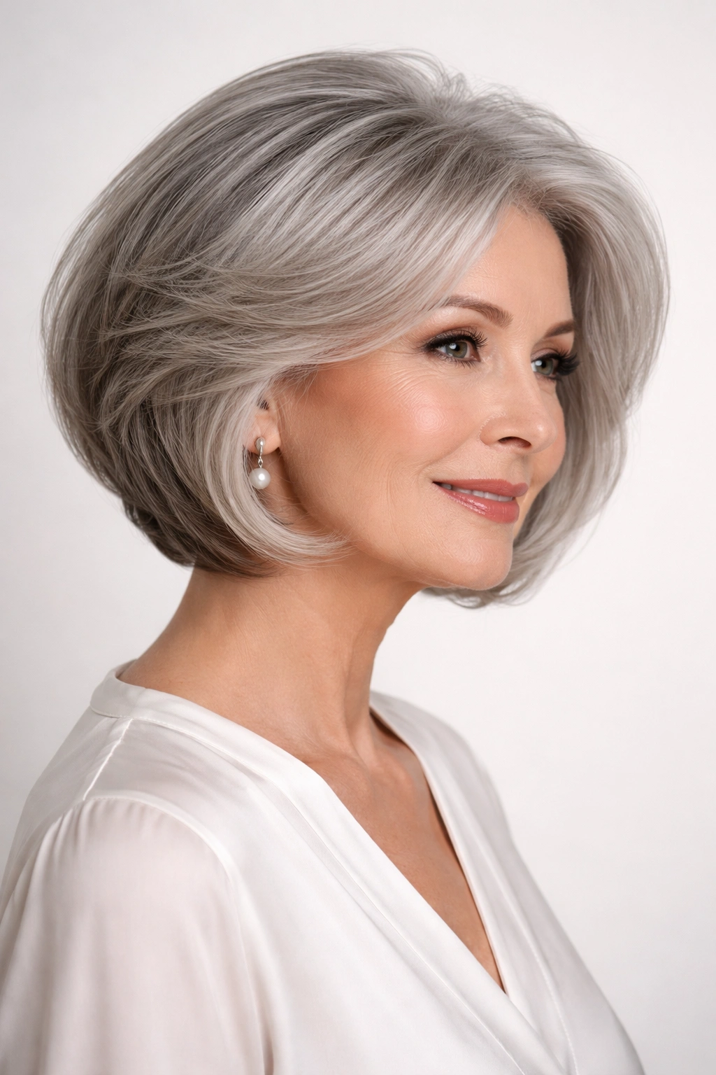 Gray curved bob with voluminous crown on a head-and-shoulders portrait