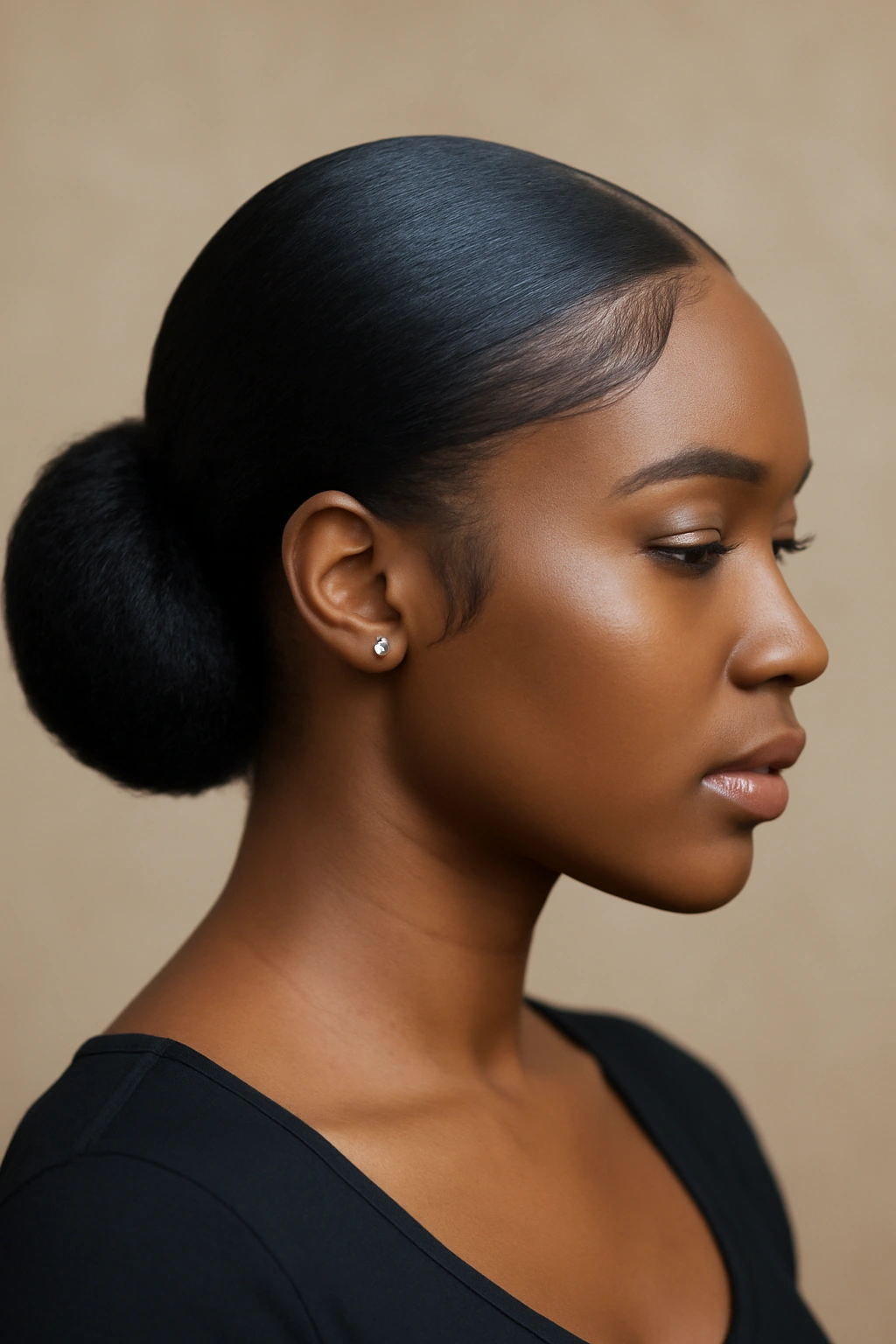 10 Elegant Low Bun Styles for Black Women to Try 7 Close-up of curved low bun with sleek laid edges framing the face