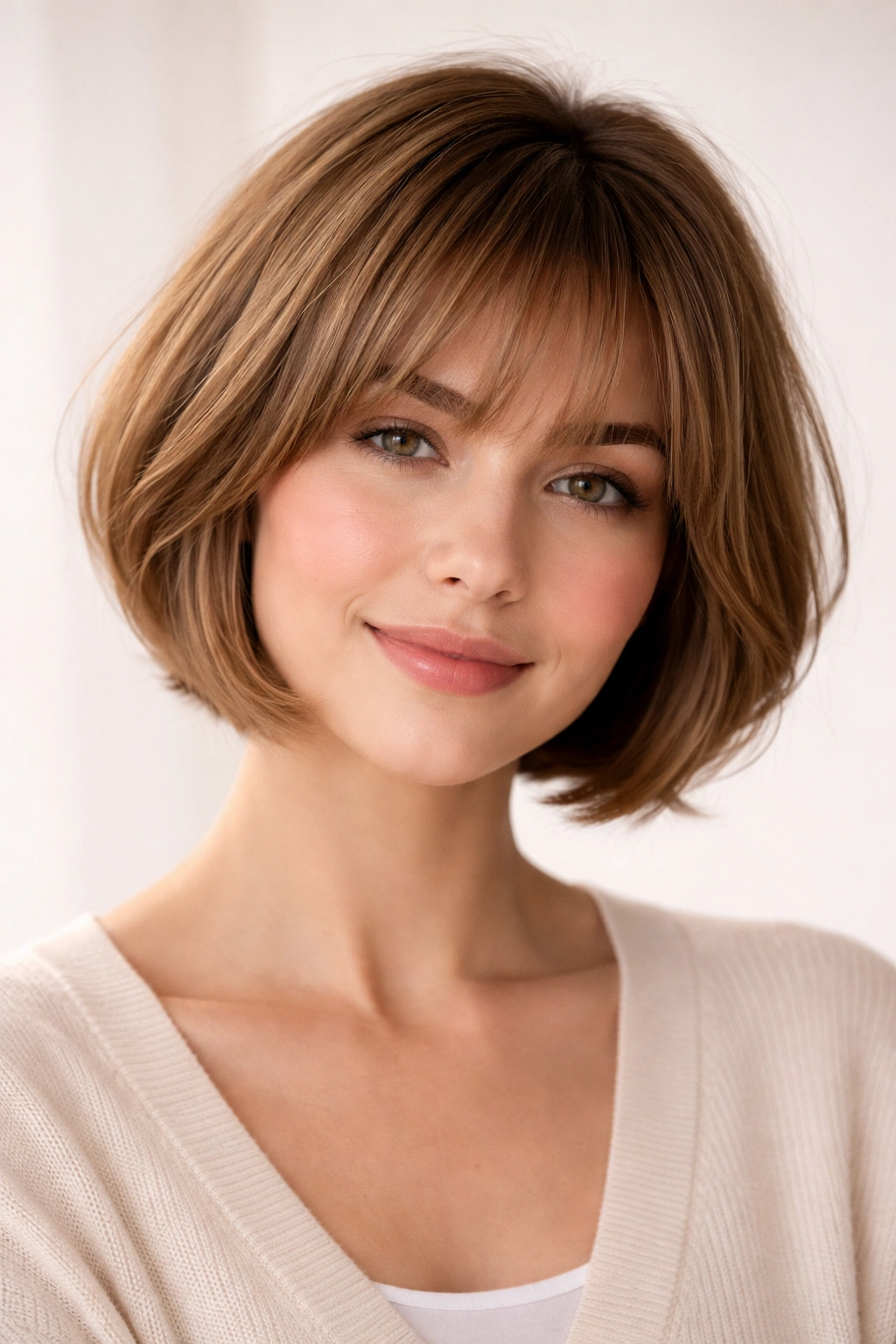 15 Short Haircuts That Instantly Make You Look Younger 14 Portrait of curved cropped bob with wispy bangs and rounded silhouette