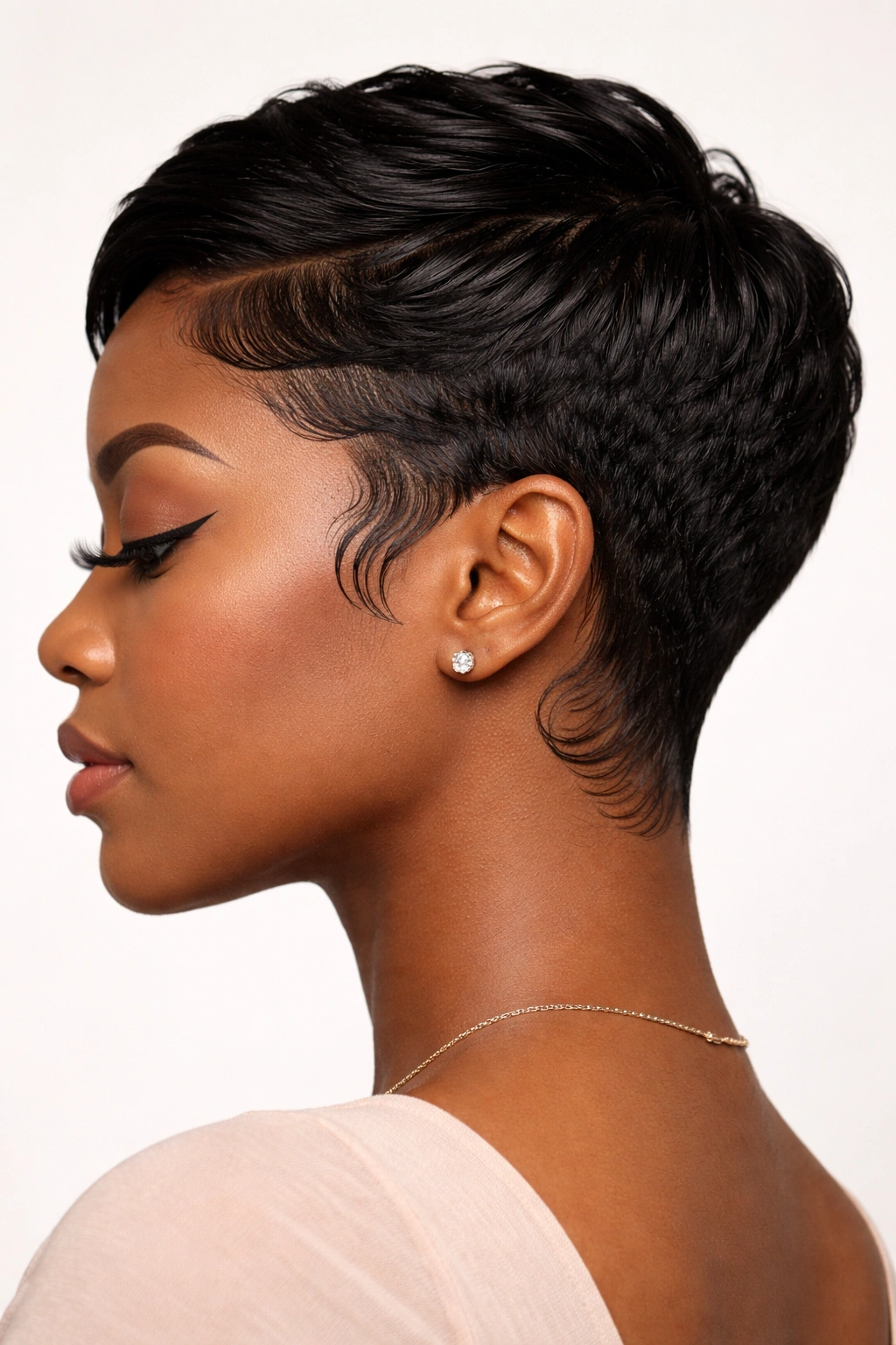 Short haircut with sculpted curved edges along hairline