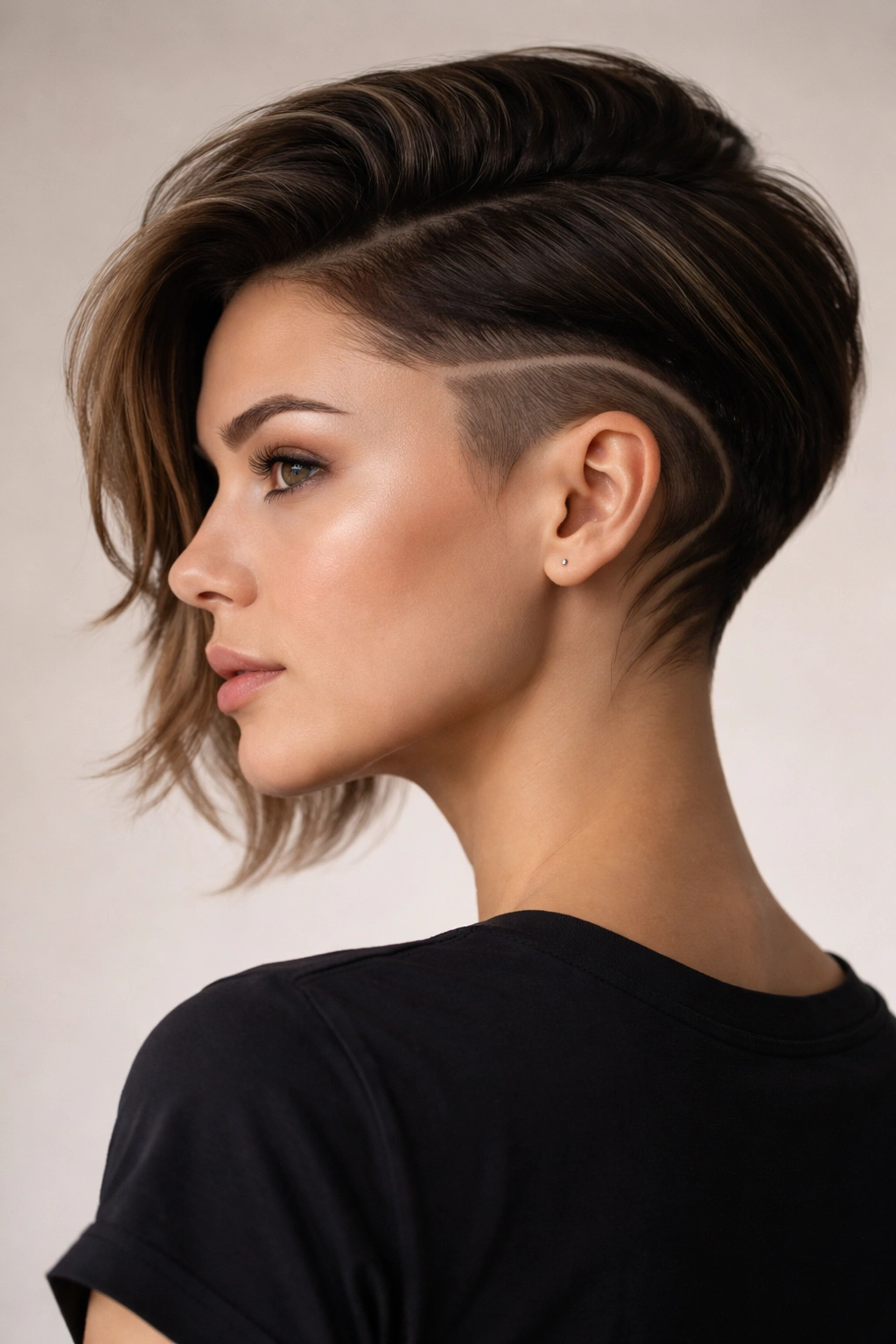 Portrait of a woman with curved edge undercut featuring flowing curved lines along side and nape.