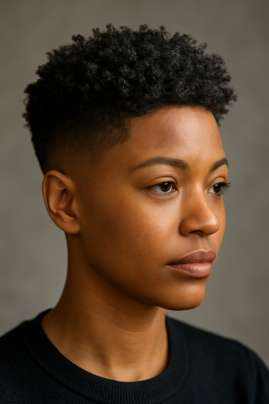 12 Short Curly Natural Hairstyles for Black Women 10 Head with curved fade on the sides and a textured top curl setup.