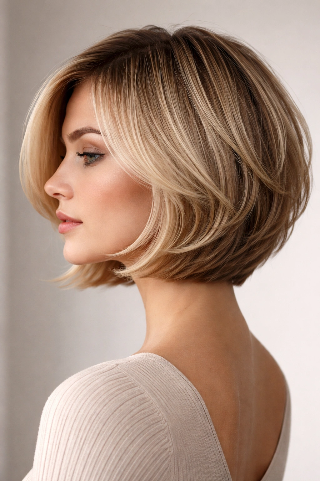 Three-quarter view of a curved, feathered bob showing movement and soft layers