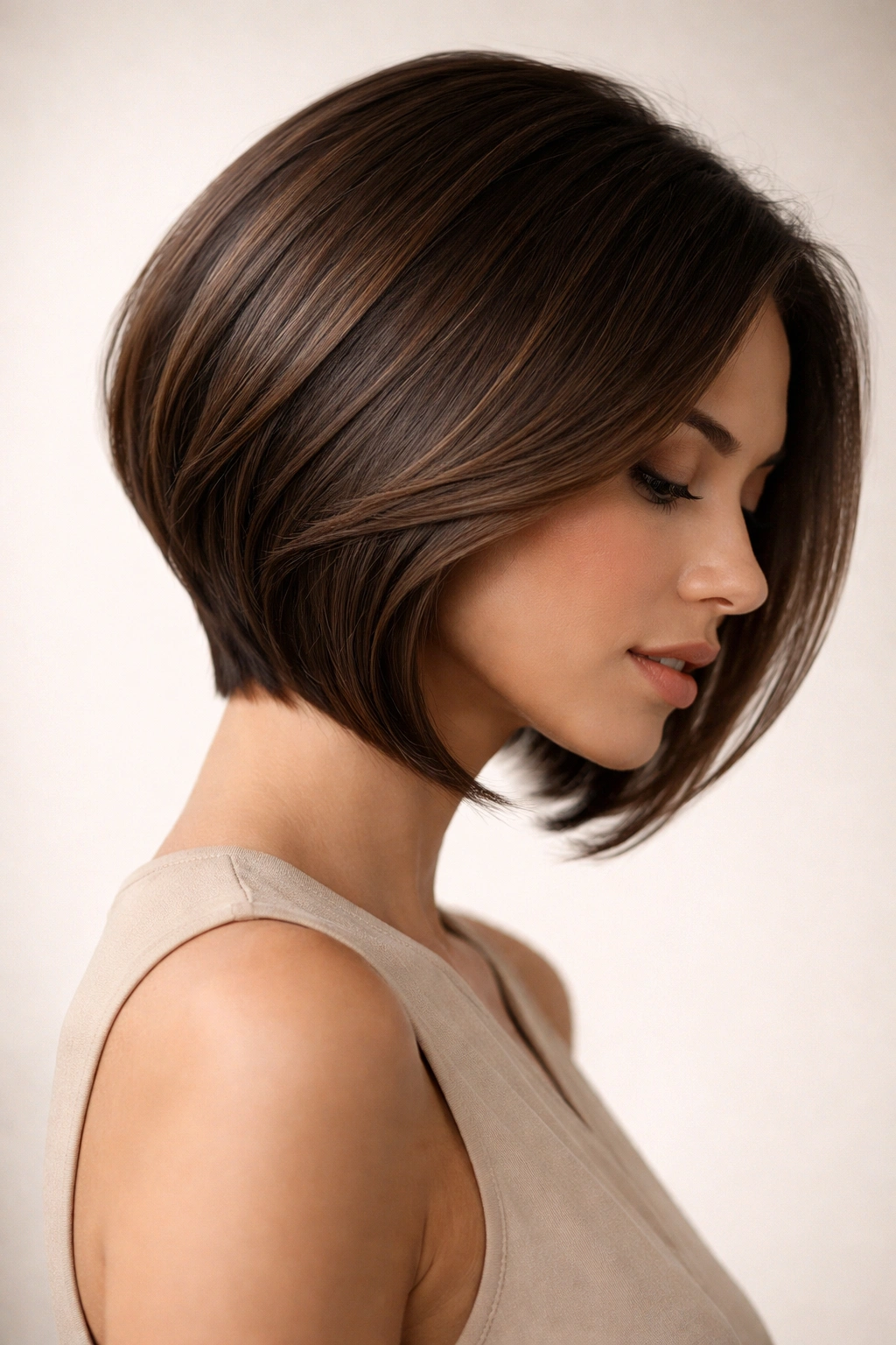 Profile view of curved forward-flowing bob with soft rounded curve toward the face