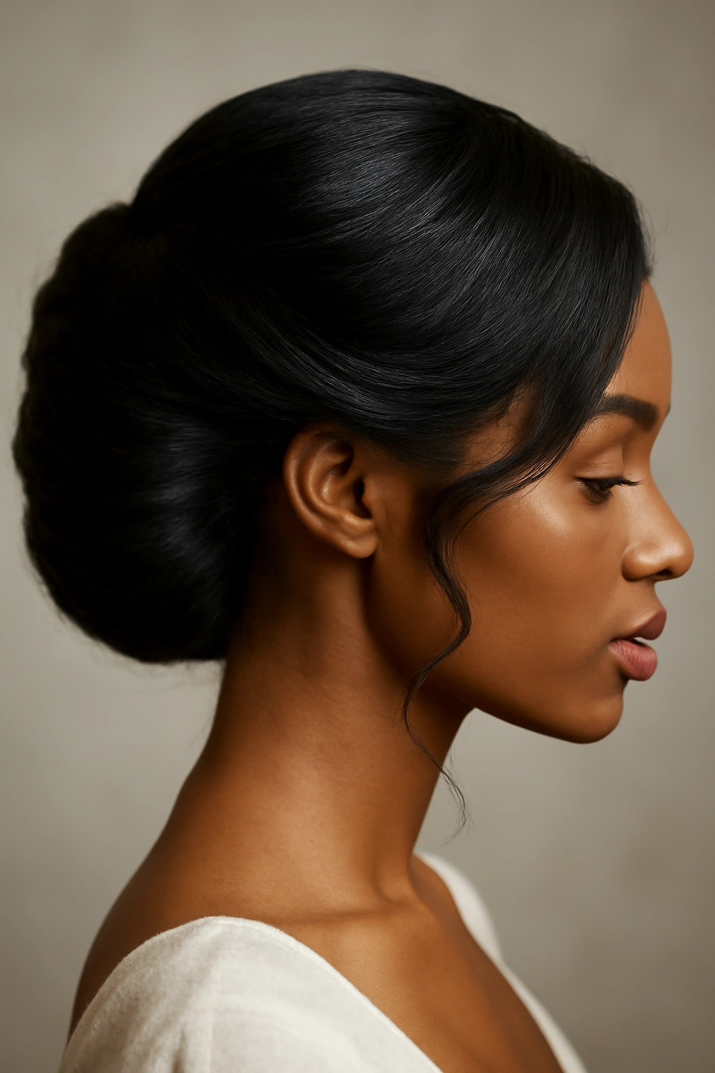 12 Elegant French Roll Updos Every Black Woman Needs 7 Close-up side view of a curved French roll with soft tendrils for a romantic bridal look